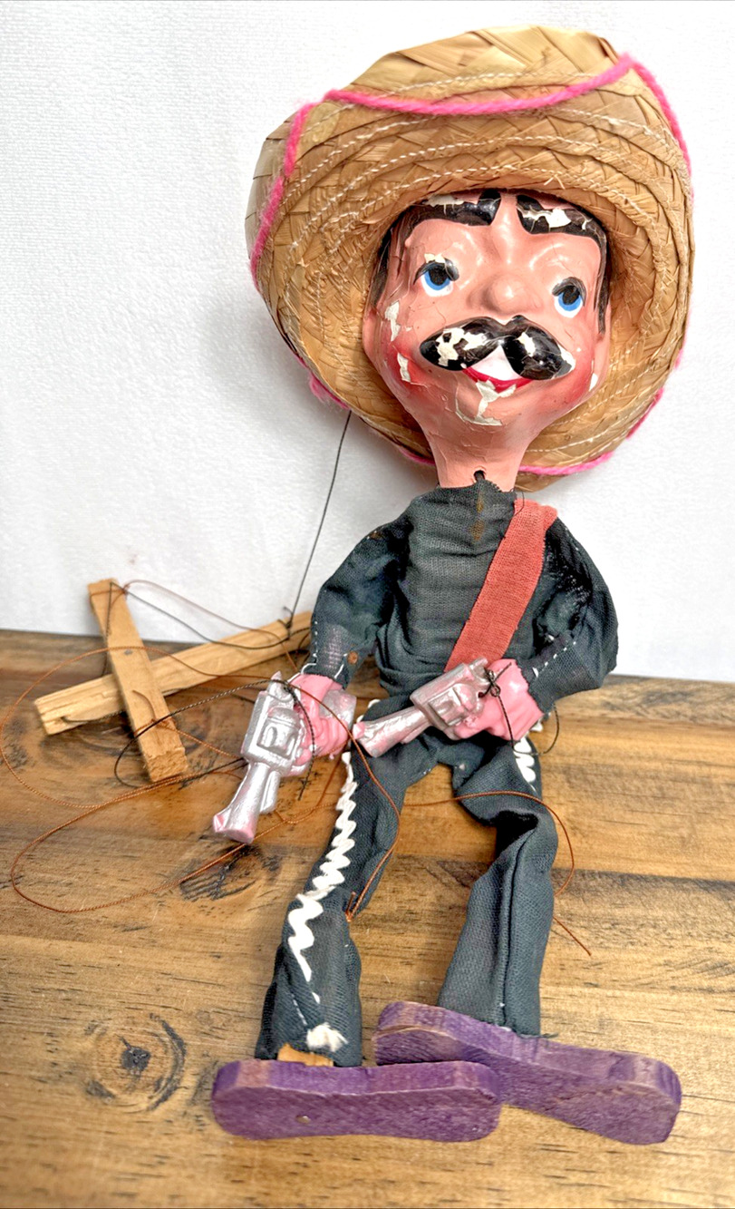 Vintage Mexican Folk Art Marionette Gunslinger String Puppet Doll Paper Mache